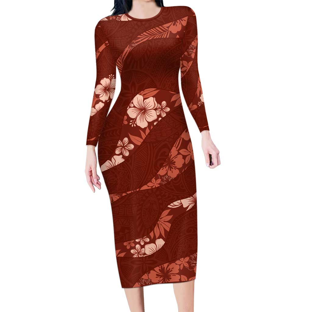 Aloha Hawaii Floral Tapa Long Sleeve Bodycon Dress Patchwork Crimson - Polynesian Pride