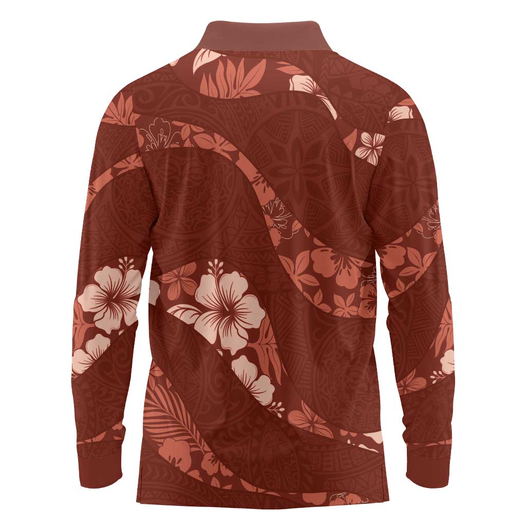 Aloha Hawaii Floral Tapa Long Sleeve Polo Shirt Patchwork Crimson - Polynesian Pride