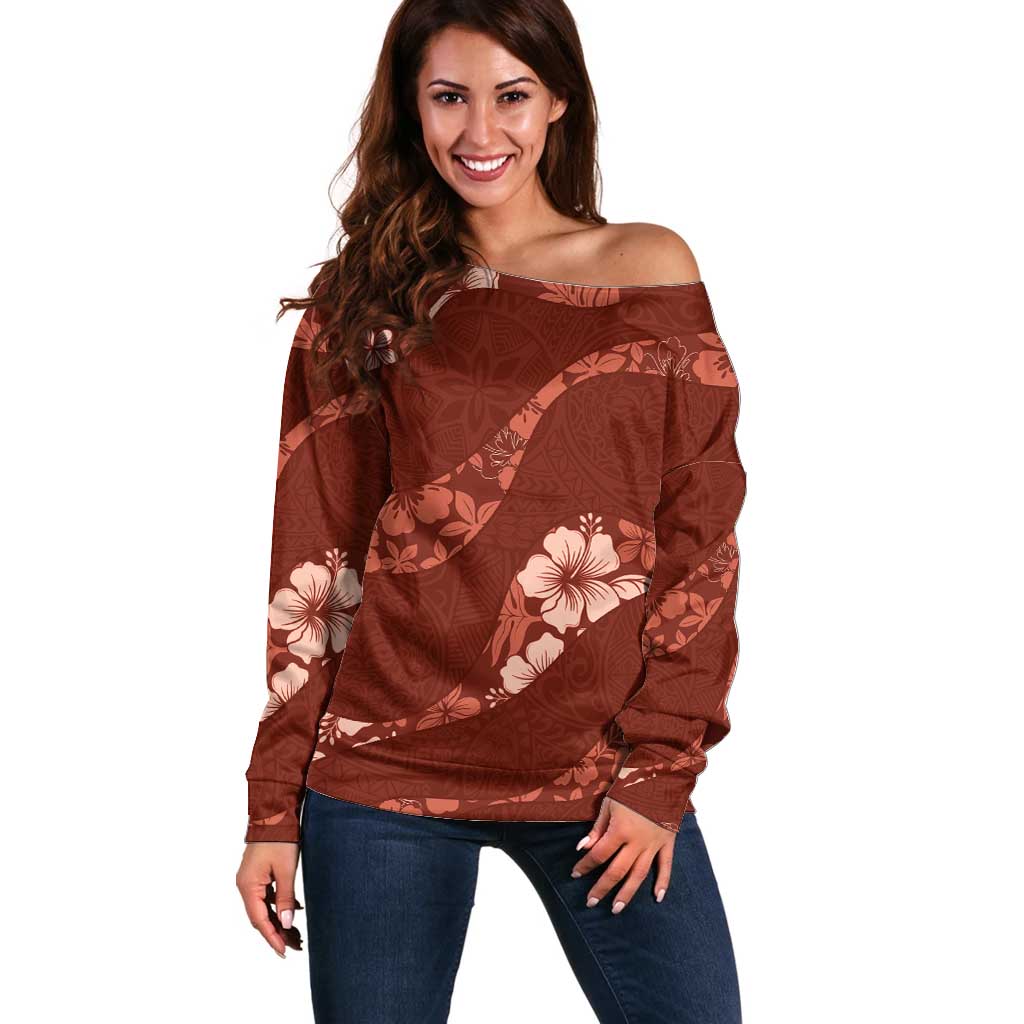 Aloha Hawaii Floral Tapa Off Shoulder Sweater Patchwork Crimson - Polynesian Pride