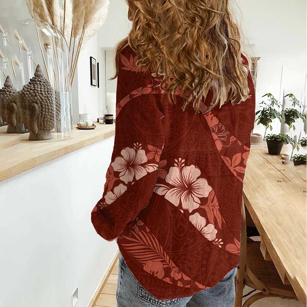 Aloha Hawaii Floral Tapa Women Casual Shirt Patchwork Crimson - Polynesian Pride