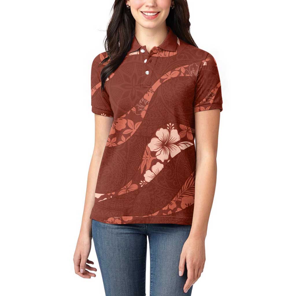 Aloha Hawaii Floral Tapa Women Polo Shirt Patchwork Crimson - Polynesian Pride