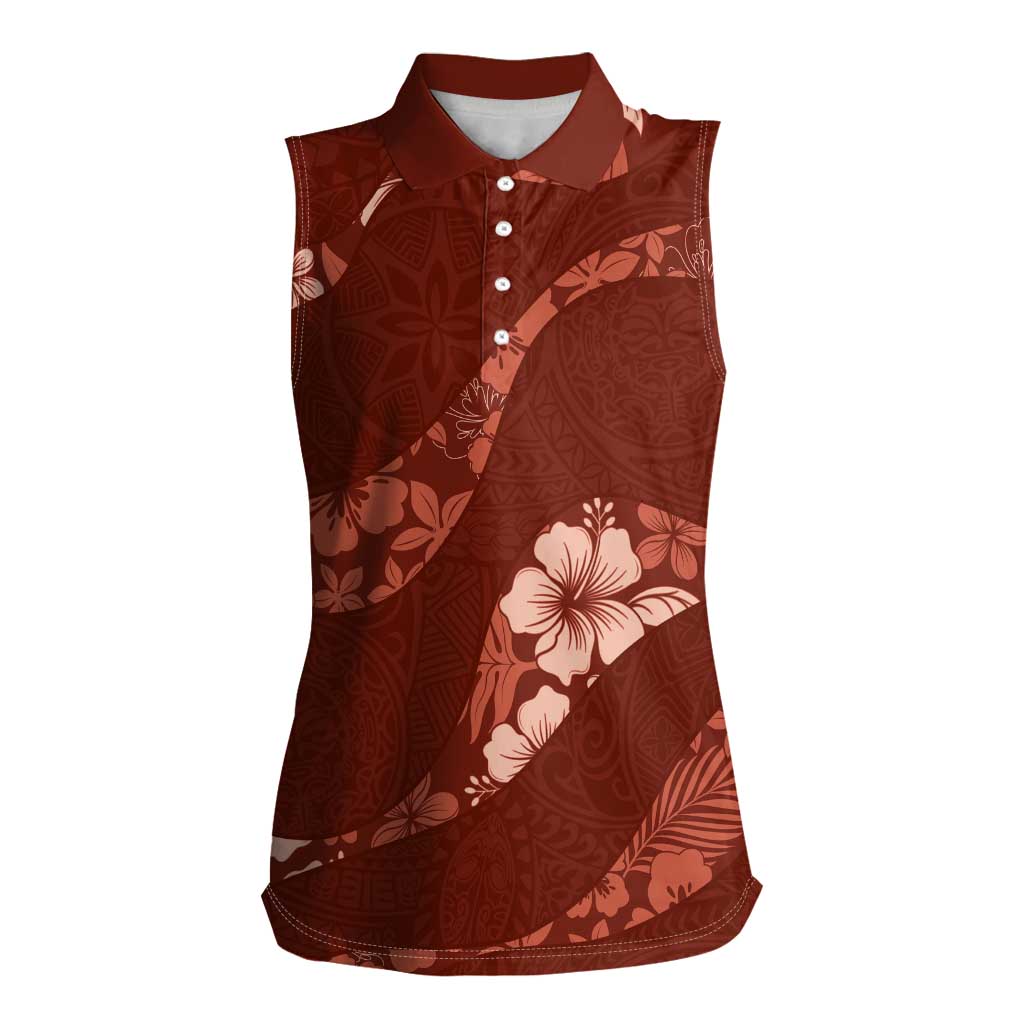 Aloha Hawaii Floral Tapa Women Sleeveless Polo Shirt Patchwork Crimson - Polynesian Pride