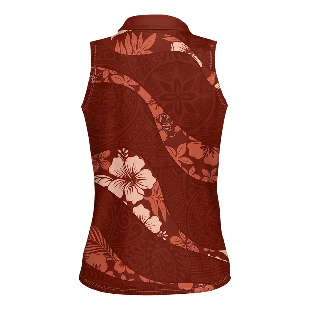 Aloha Hawaii Floral Tapa Women Sleeveless Polo Shirt Patchwork Crimson - Polynesian Pride