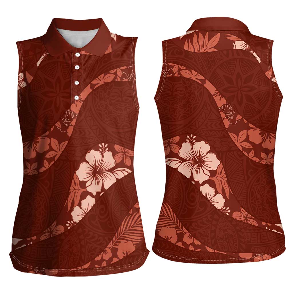 Aloha Hawaii Floral Tapa Women Sleeveless Polo Shirt Patchwork Crimson - Polynesian Pride