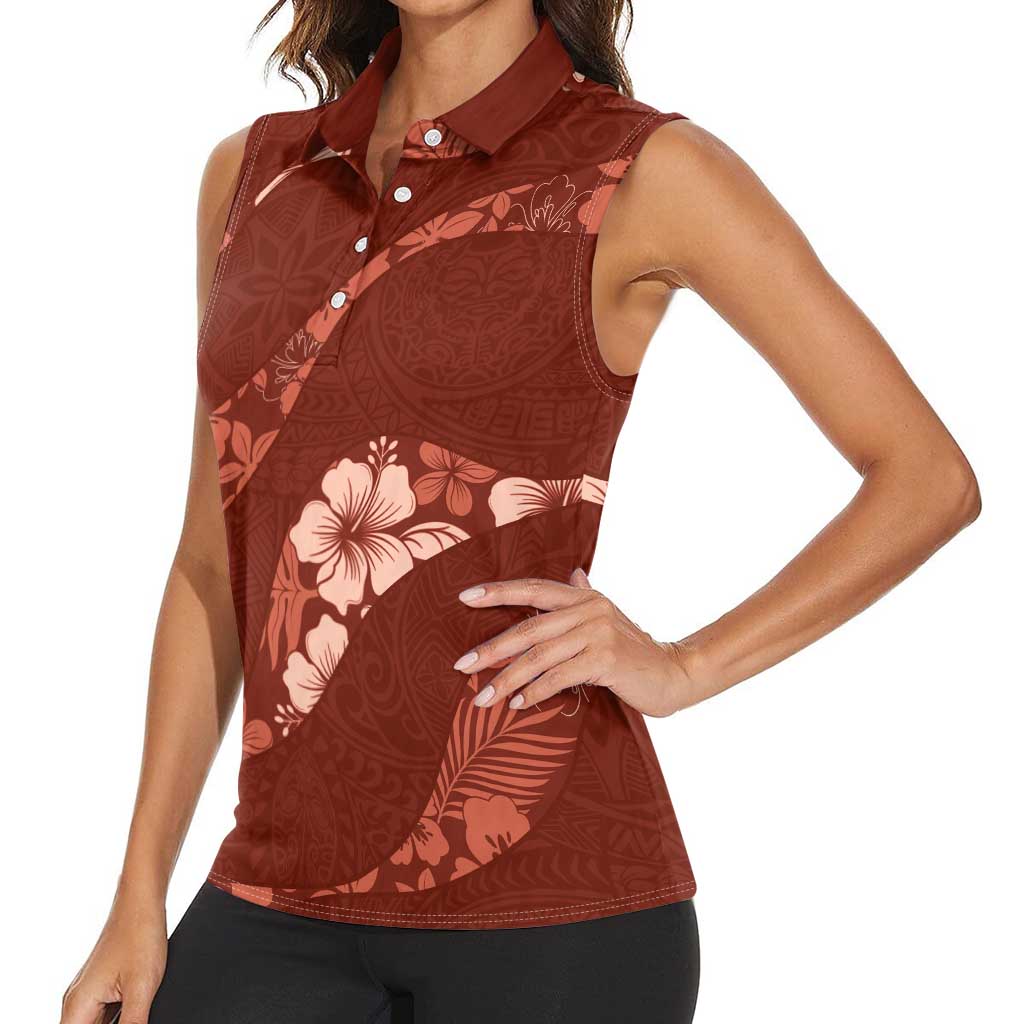Aloha Hawaii Floral Tapa Women Sleeveless Polo Shirt Patchwork Crimson - Polynesian Pride
