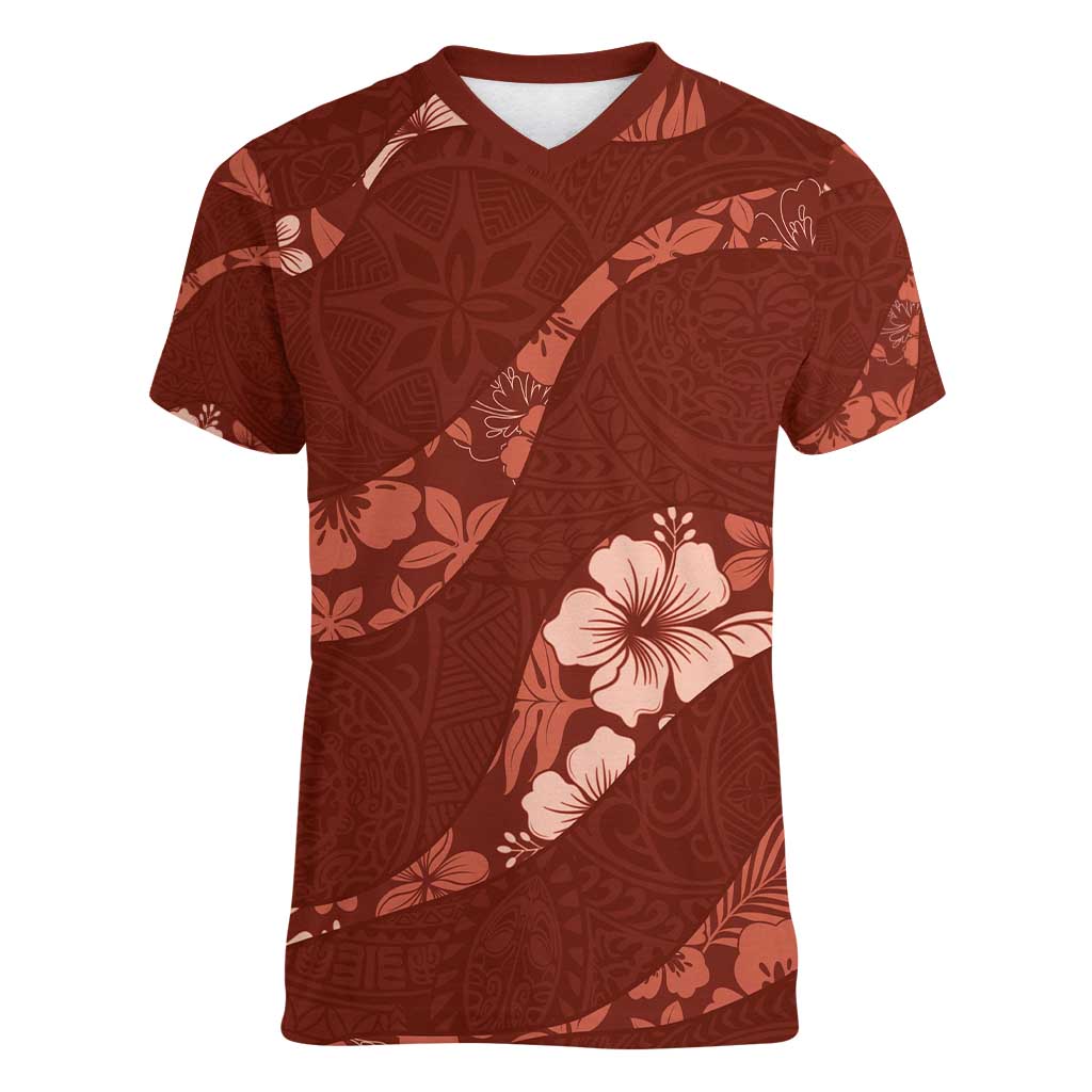 Aloha Hawaii Floral Tapa Women V-Neck T-Shirt Patchwork Crimson - Polynesian Pride