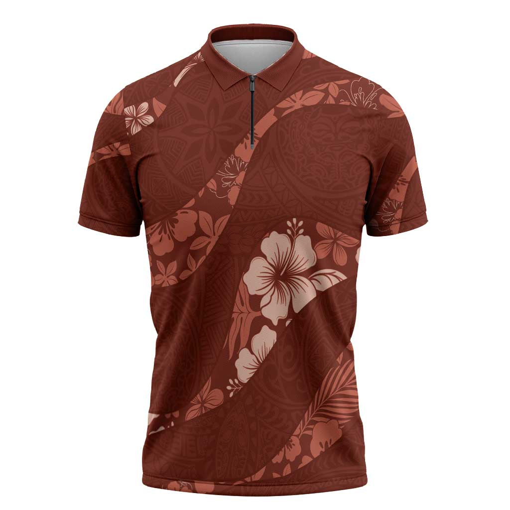 Aloha Hawaii Floral Tapa Zipper Polo Shirt Patchwork Crimson - Polynesian Pride