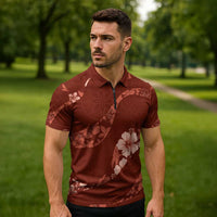 Aloha Hawaii Floral Tapa Zipper Polo Shirt Patchwork Crimson - Polynesian Pride