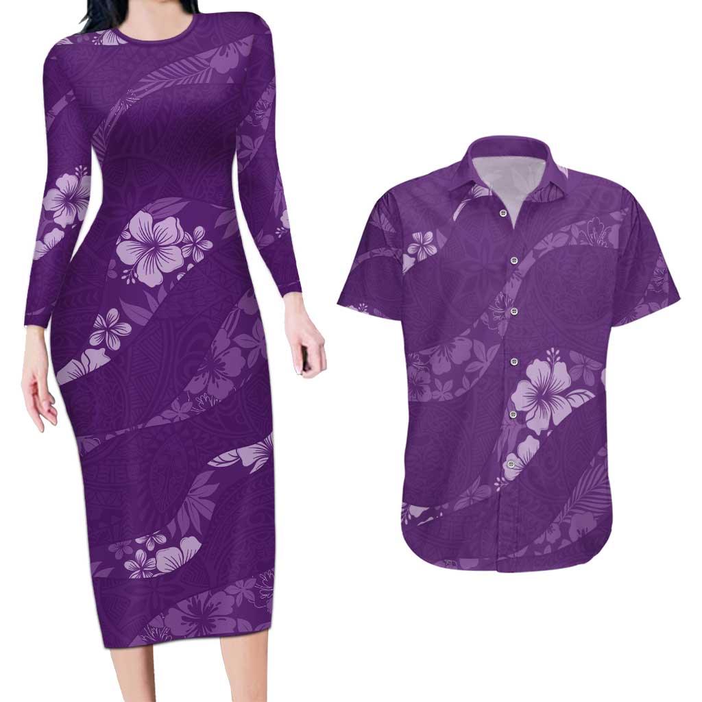 Aloha Hawaii Floral Tapa Couples Matching Long Sleeve Bodycon Dress and Hawaiian Shirt Patchwork Violet - Polynesian Pride