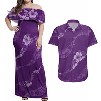 Aloha Hawaii Floral Tapa Couples Matching Off Shoulder Maxi Dress and Hawaiian Shirt Patchwork Violet - Polynesian Pride
