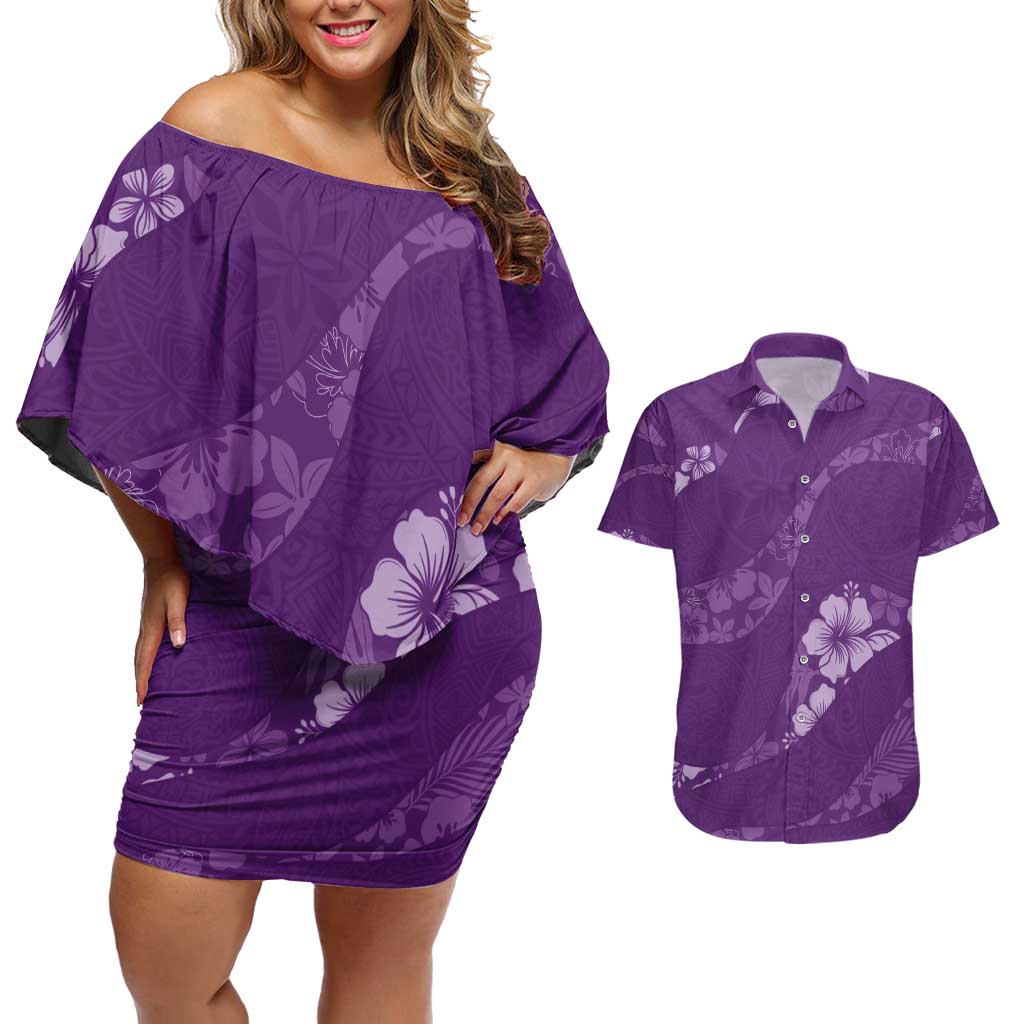 Aloha Hawaii Floral Tapa Couples Matching Off Shoulder Short Dress and Hawaiian Shirt Patchwork Violet - Polynesian Pride