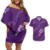 Aloha Hawaii Floral Tapa Couples Matching Off Shoulder Short Dress and Hawaiian Shirt Patchwork Violet - Polynesian Pride