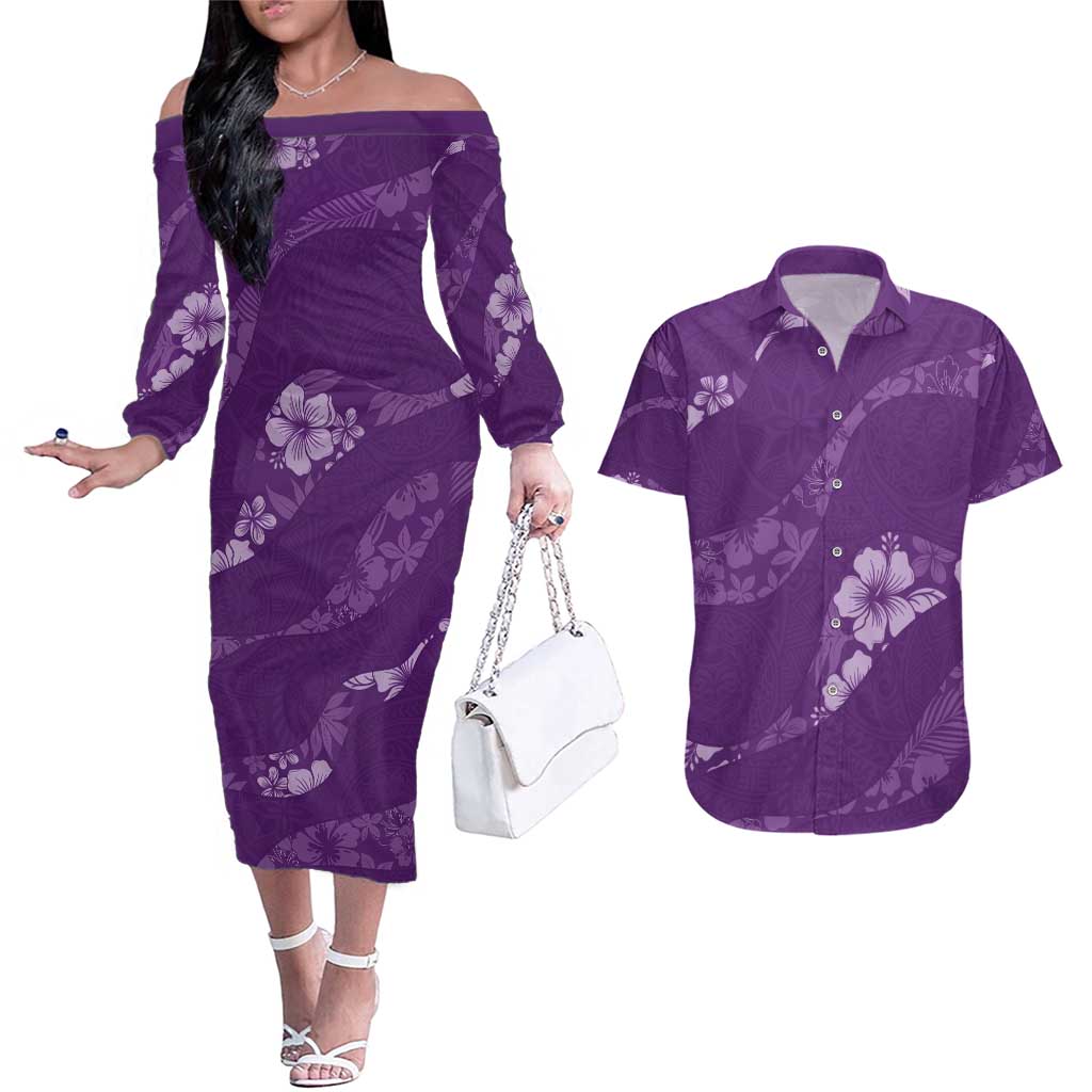Aloha Hawaii Floral Tapa Couples Matching Off The Shoulder Long Sleeve Dress and Hawaiian Shirt Patchwork Violet - Polynesian Pride