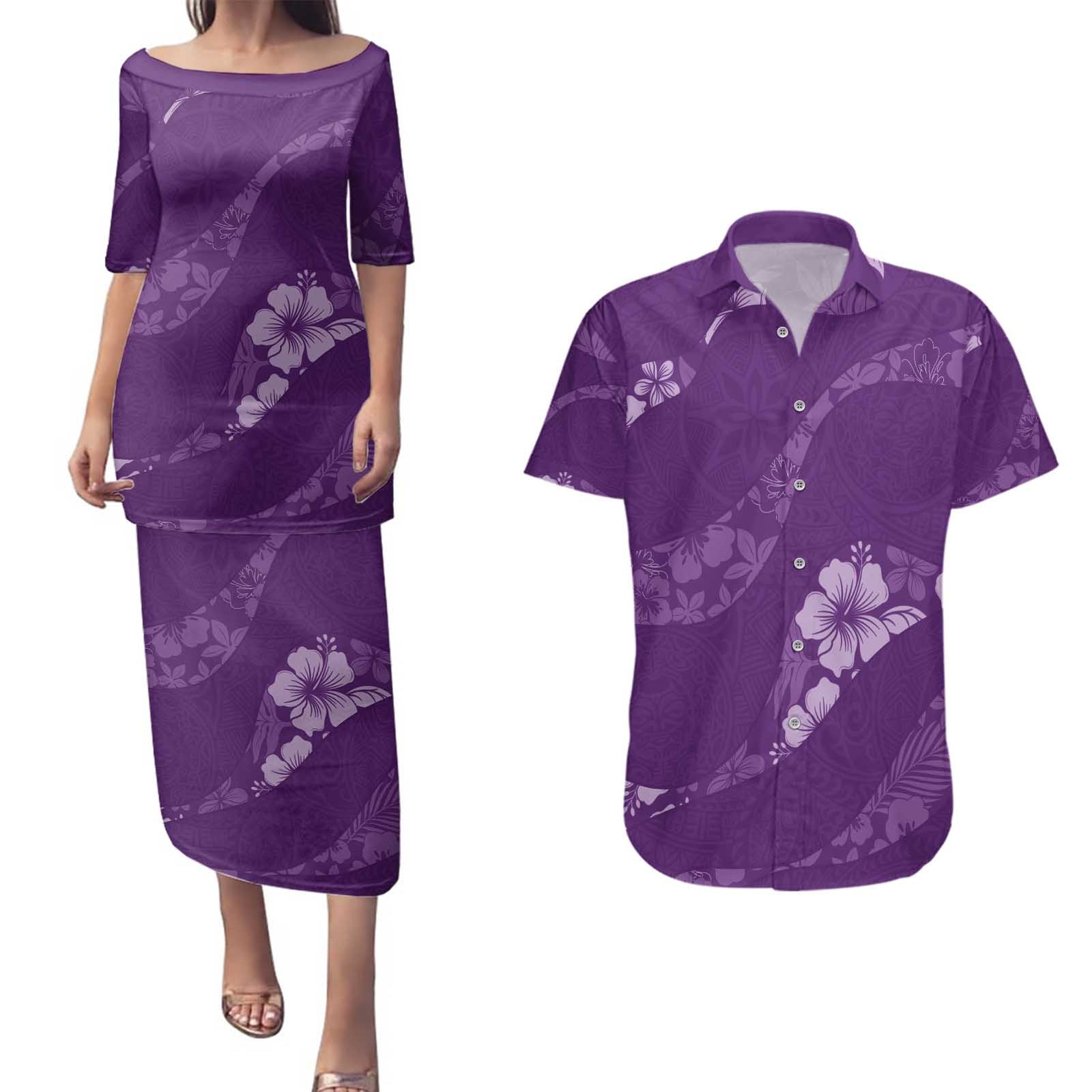 Aloha Hawaii Floral Tapa Couples Matching Puletasi and Hawaiian Shirt Patchwork Violet - Polynesian Pride