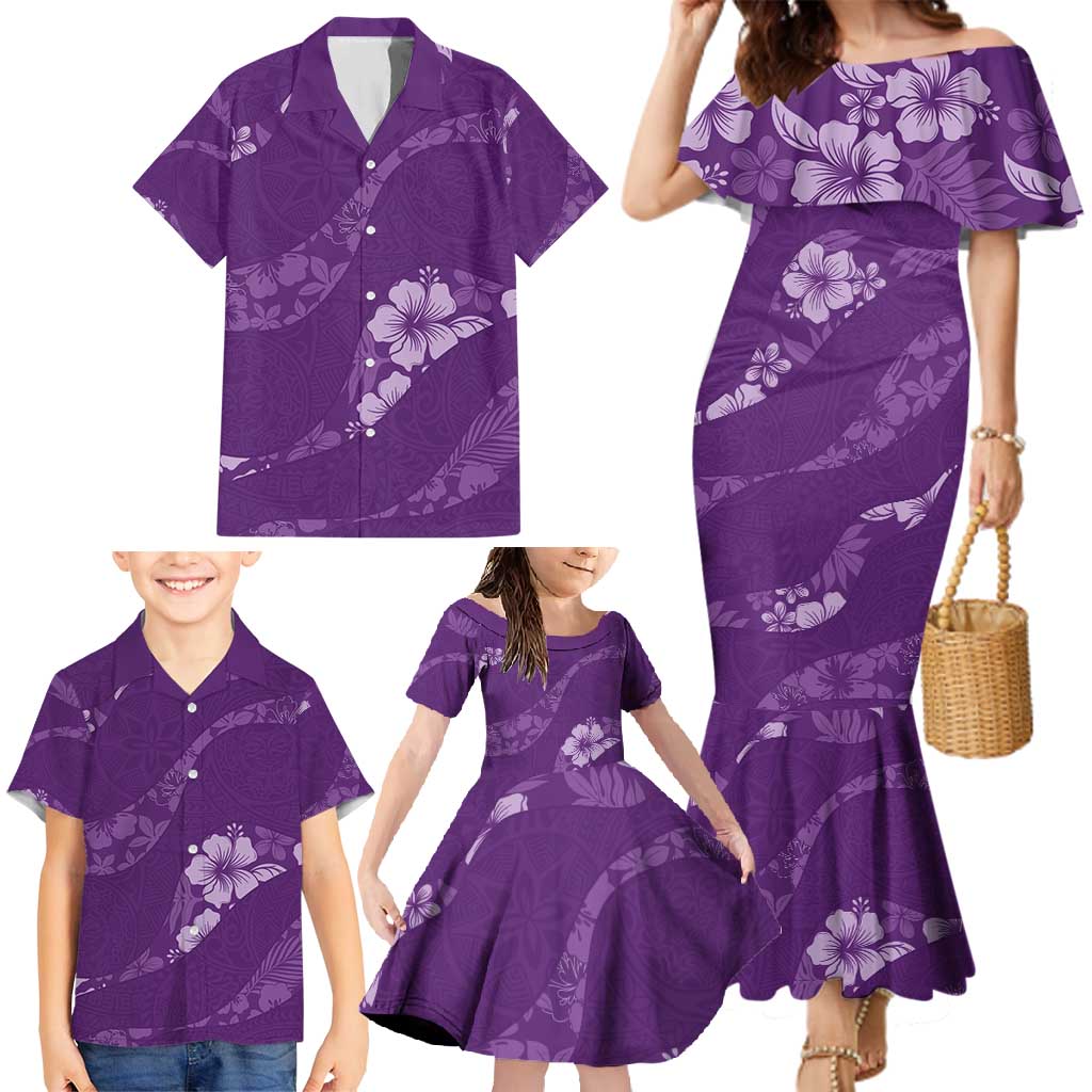 Aloha Hawaii Floral Tapa Family Matching Mermaid Dress and Hawaiian Shirt Patchwork Violet - Polynesian Pride