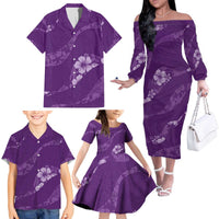 Aloha Hawaii Floral Tapa Family Matching Off The Shoulder Long Sleeve Dress and Hawaiian Shirt Patchwork Violet - Polynesian Pride