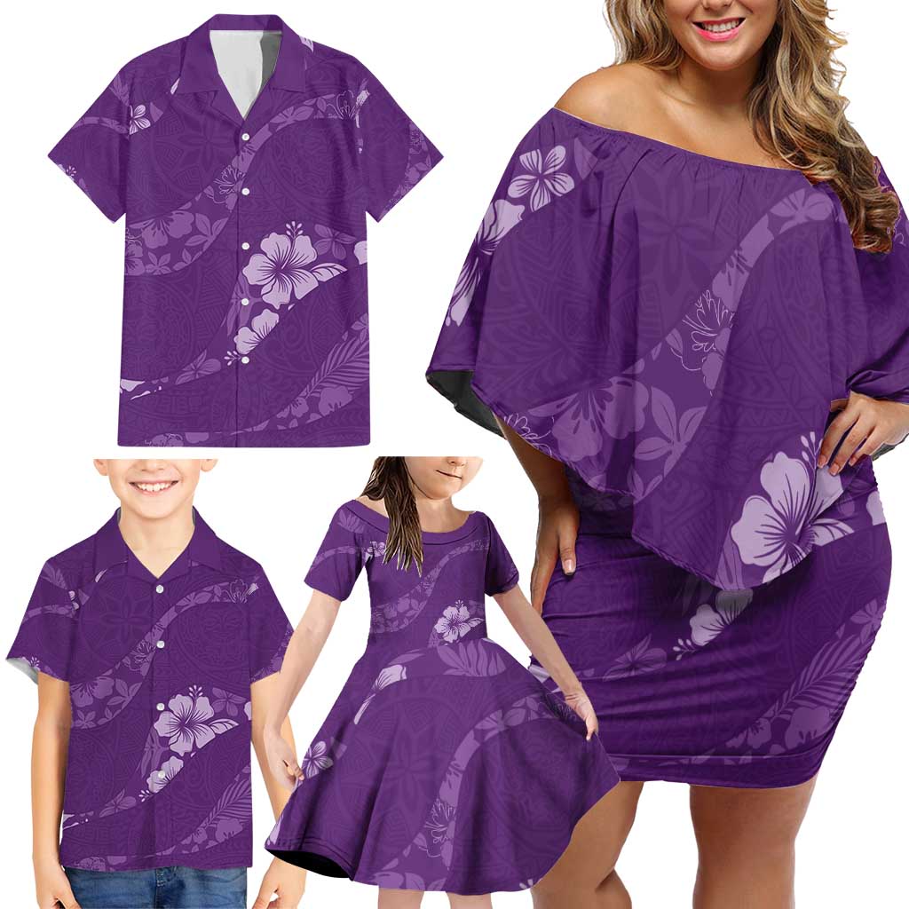 Aloha Hawaii Floral Tapa Family Matching Off Shoulder Short Dress and Hawaiian Shirt Patchwork Violet - Polynesian Pride