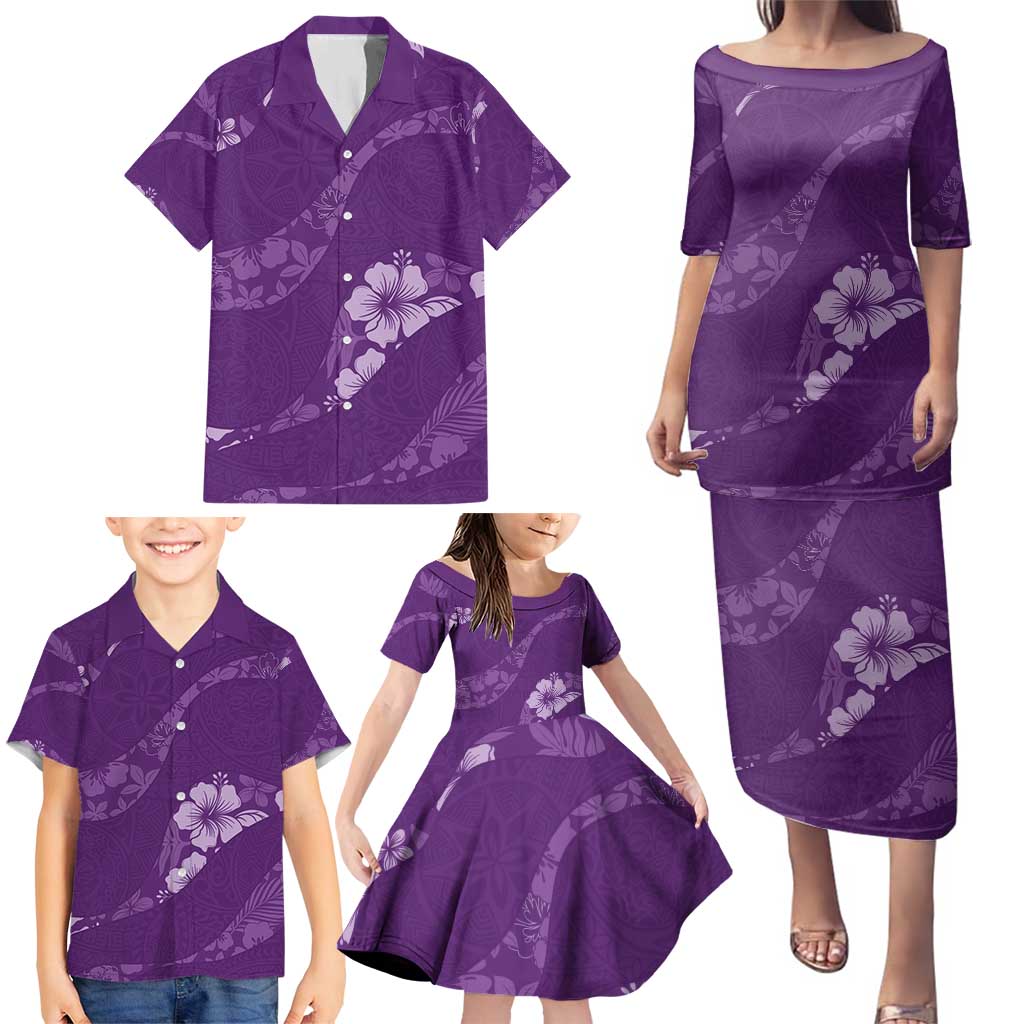 Aloha Hawaii Floral Tapa Family Matching Puletasi and Hawaiian Shirt Patchwork Violet - Polynesian Pride