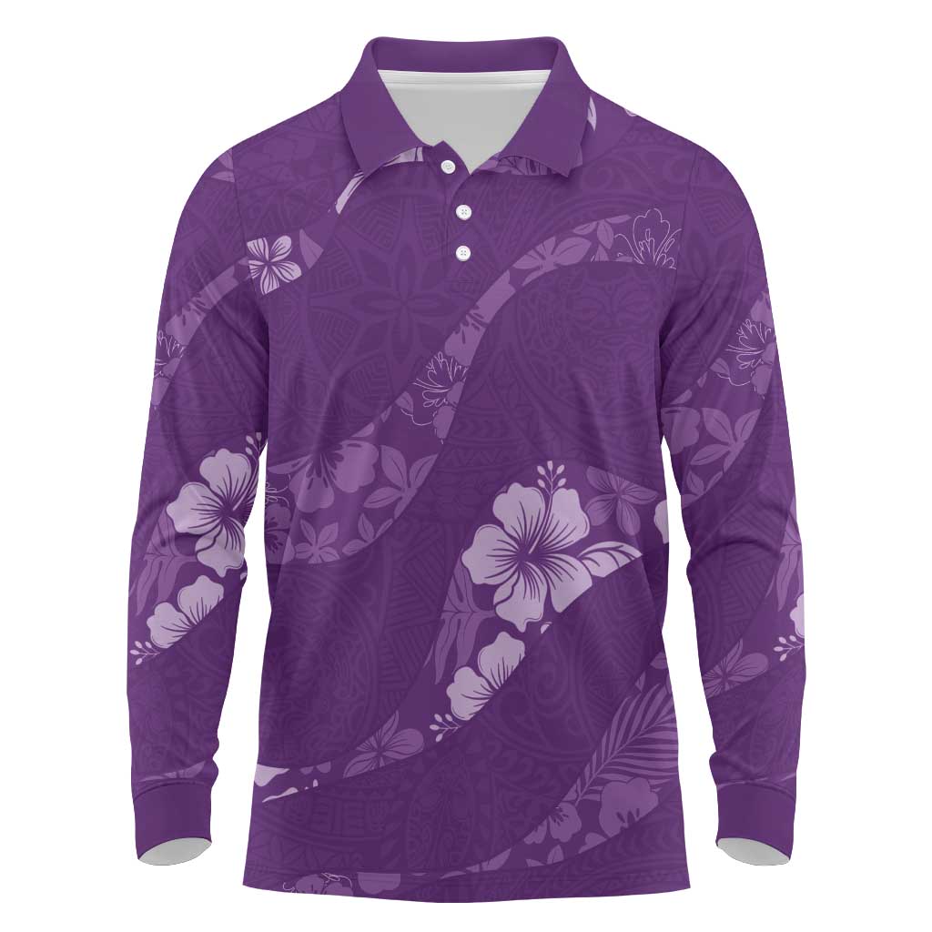 Aloha Hawaii Floral Tapa Long Sleeve Polo Shirt Patchwork Violet - Polynesian Pride