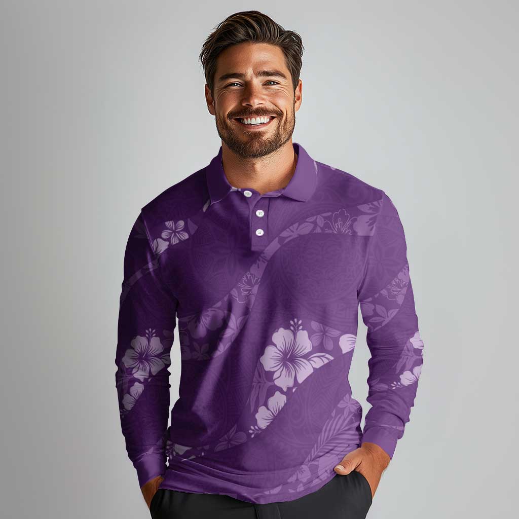 Aloha Hawaii Floral Tapa Long Sleeve Polo Shirt Patchwork Violet - Polynesian Pride