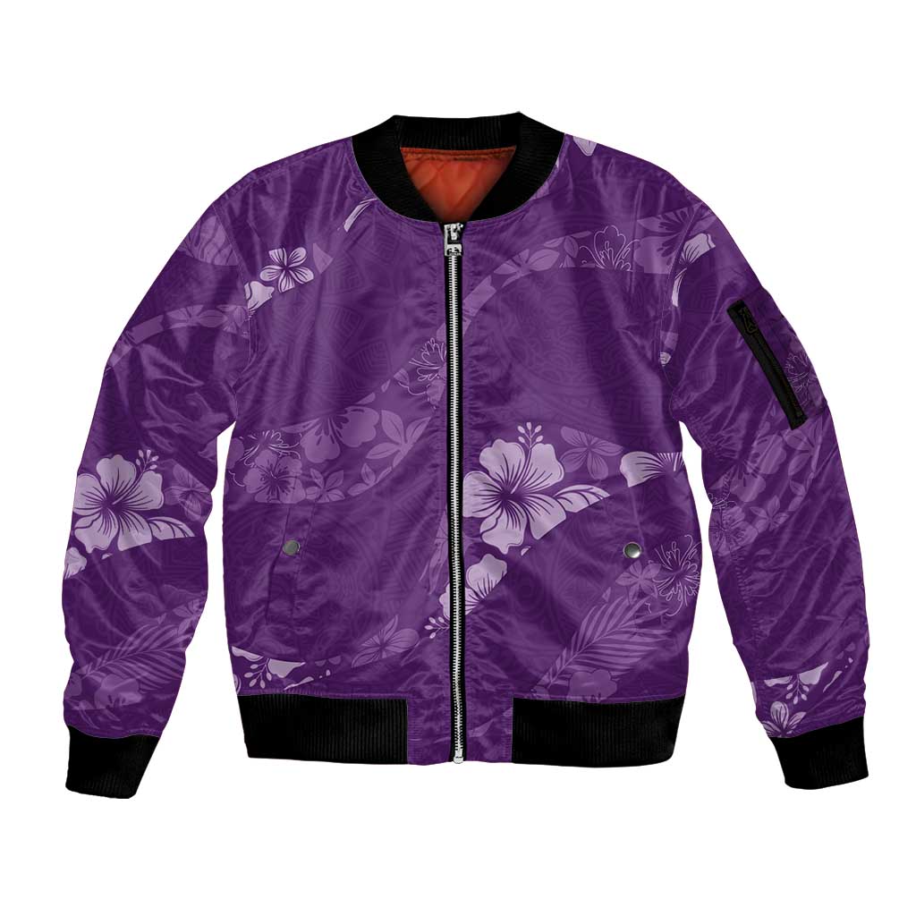 Aloha Hawaii Floral Tapa Sleeve Zip Bomber Jacket Patchwork Violet - Polynesian Pride