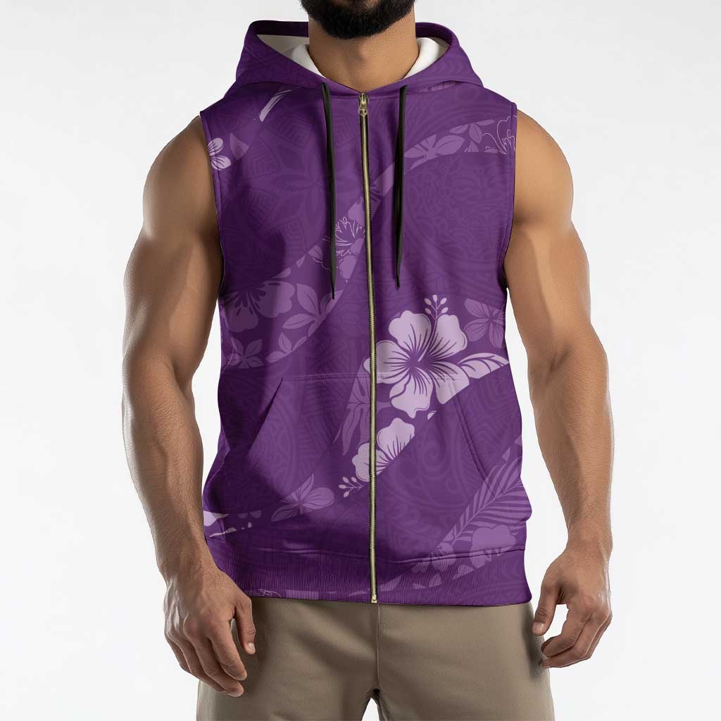 Aloha Hawaii Floral Tapa Sleeveless Zip Hoodie Patchwork Violet - Polynesian Pride