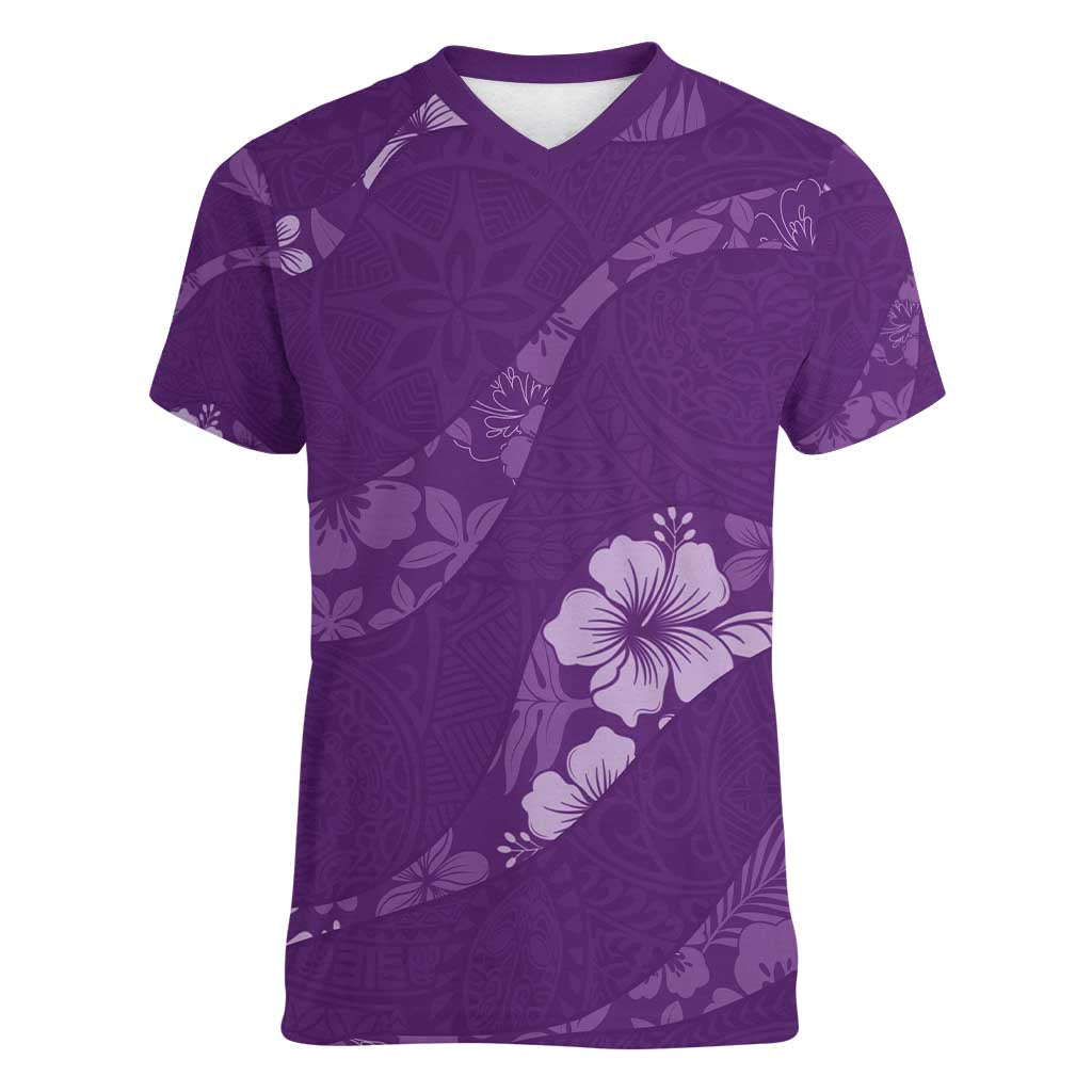 Aloha Hawaii Floral Tapa Women V-Neck T-Shirt Patchwork Violet - Polynesian Pride