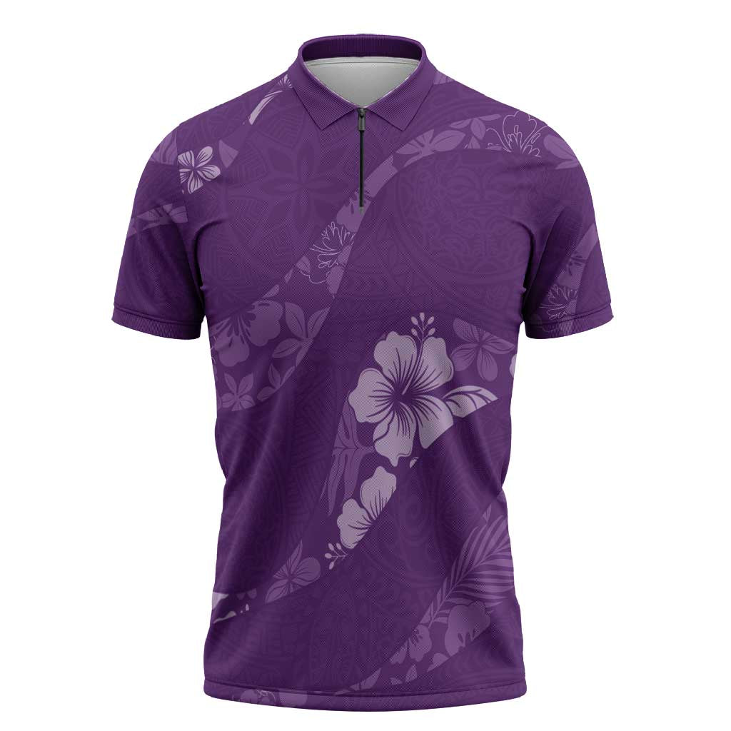 Aloha Hawaii Floral Tapa Zipper Polo Shirt Patchwork Violet - Polynesian Pride