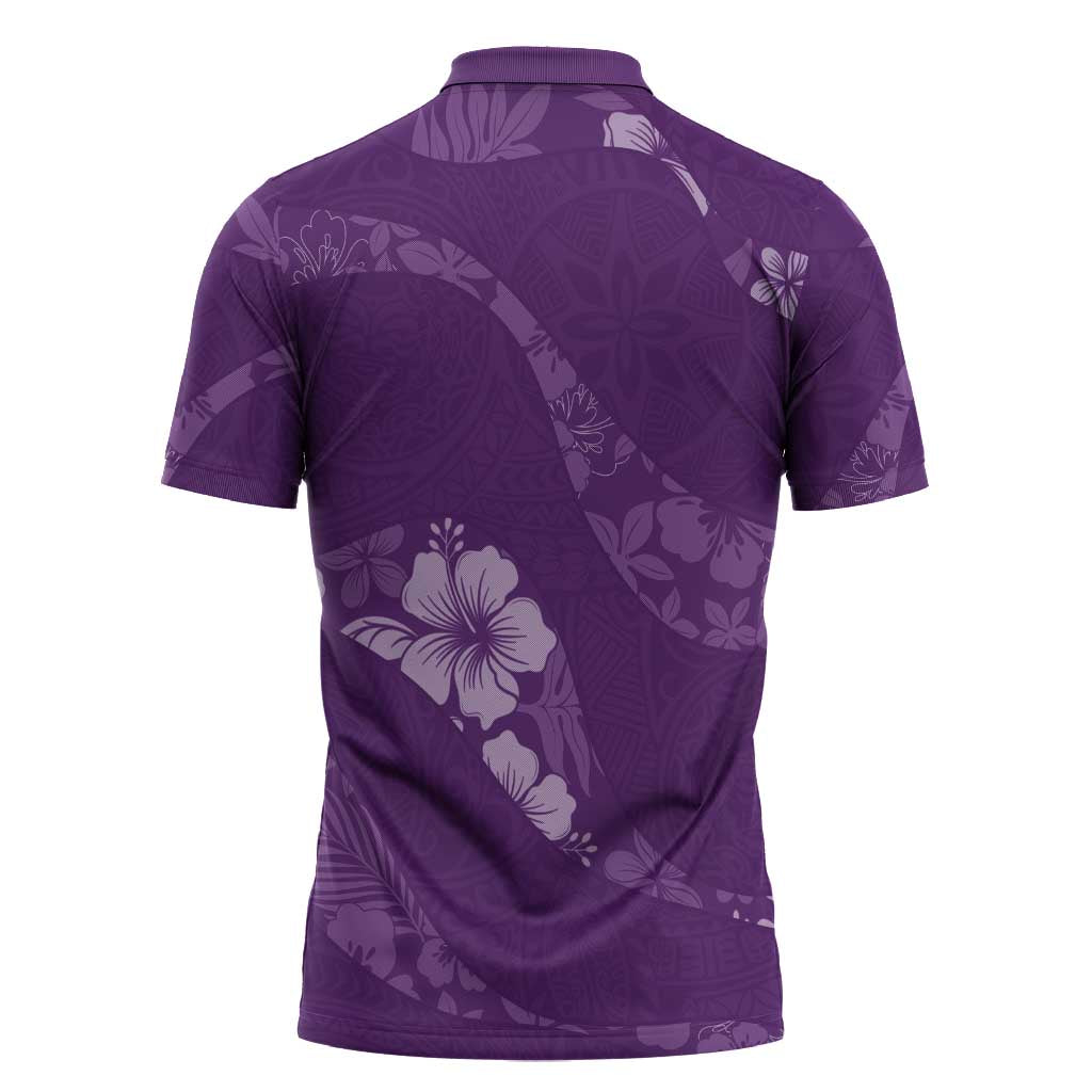 Aloha Hawaii Floral Tapa Zipper Polo Shirt Patchwork Violet - Polynesian Pride