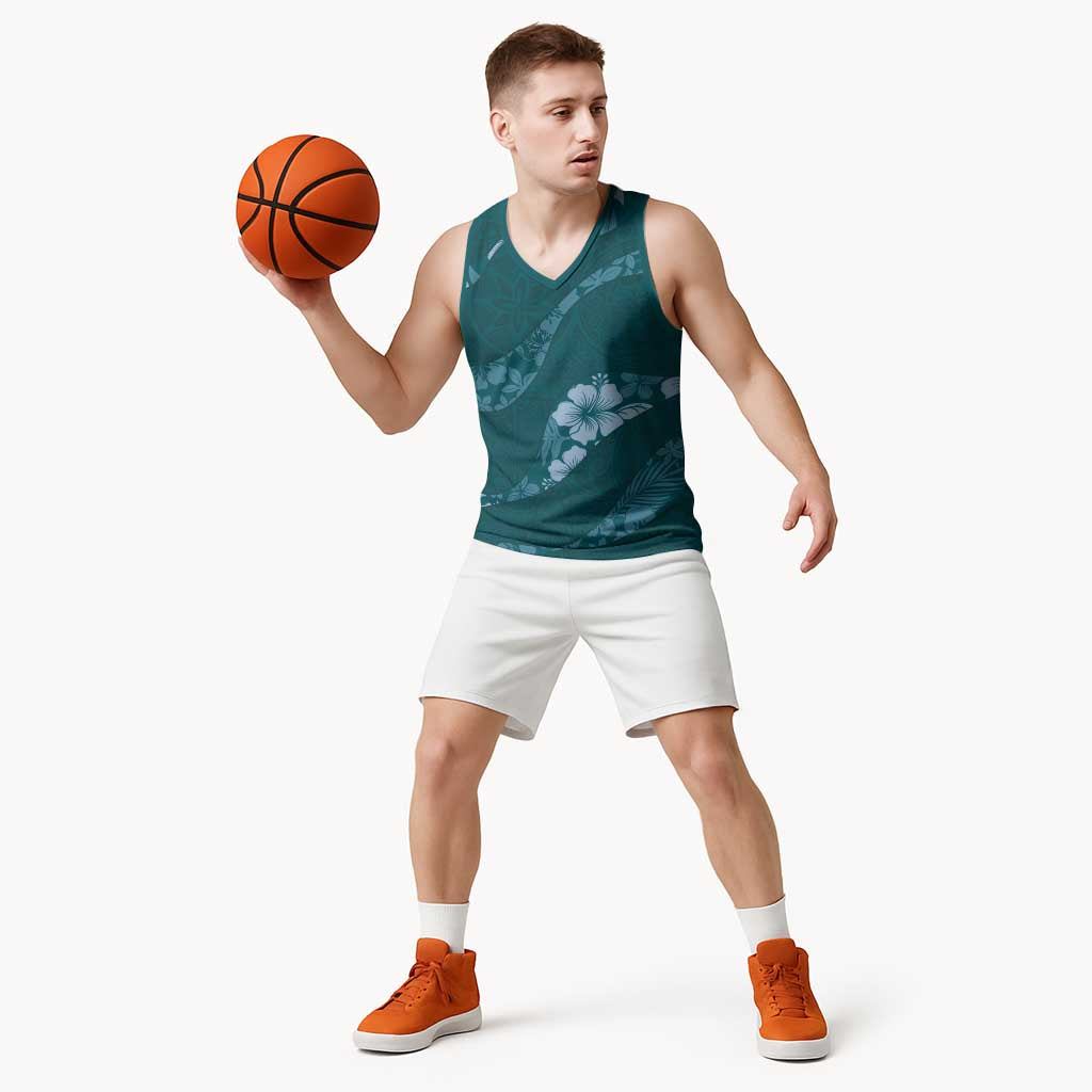 Aloha Hawaii Floral Tapa Basketball Jersey Patchwork Teal - Polynesian Pride