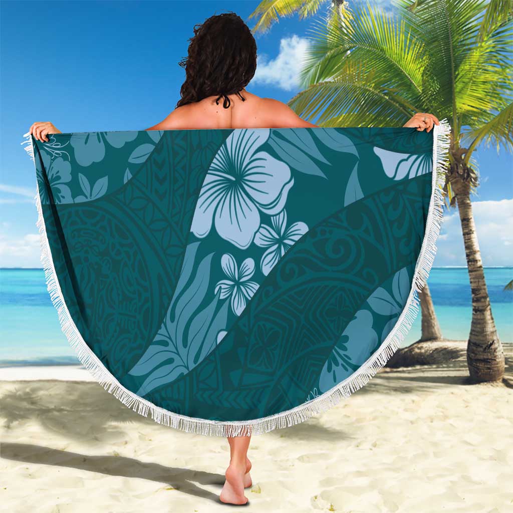 Aloha Hawaii Floral Tapa Beach Blanket Patchwork Teal - Polynesian Pride