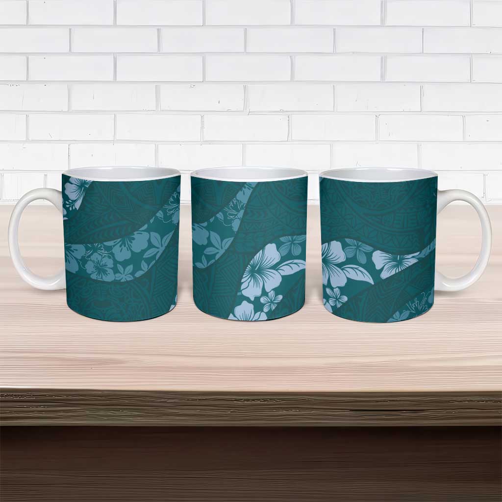Aloha Hawaii Floral Tapa Ceramic Mug Patchwork Teal - Polynesian Pride