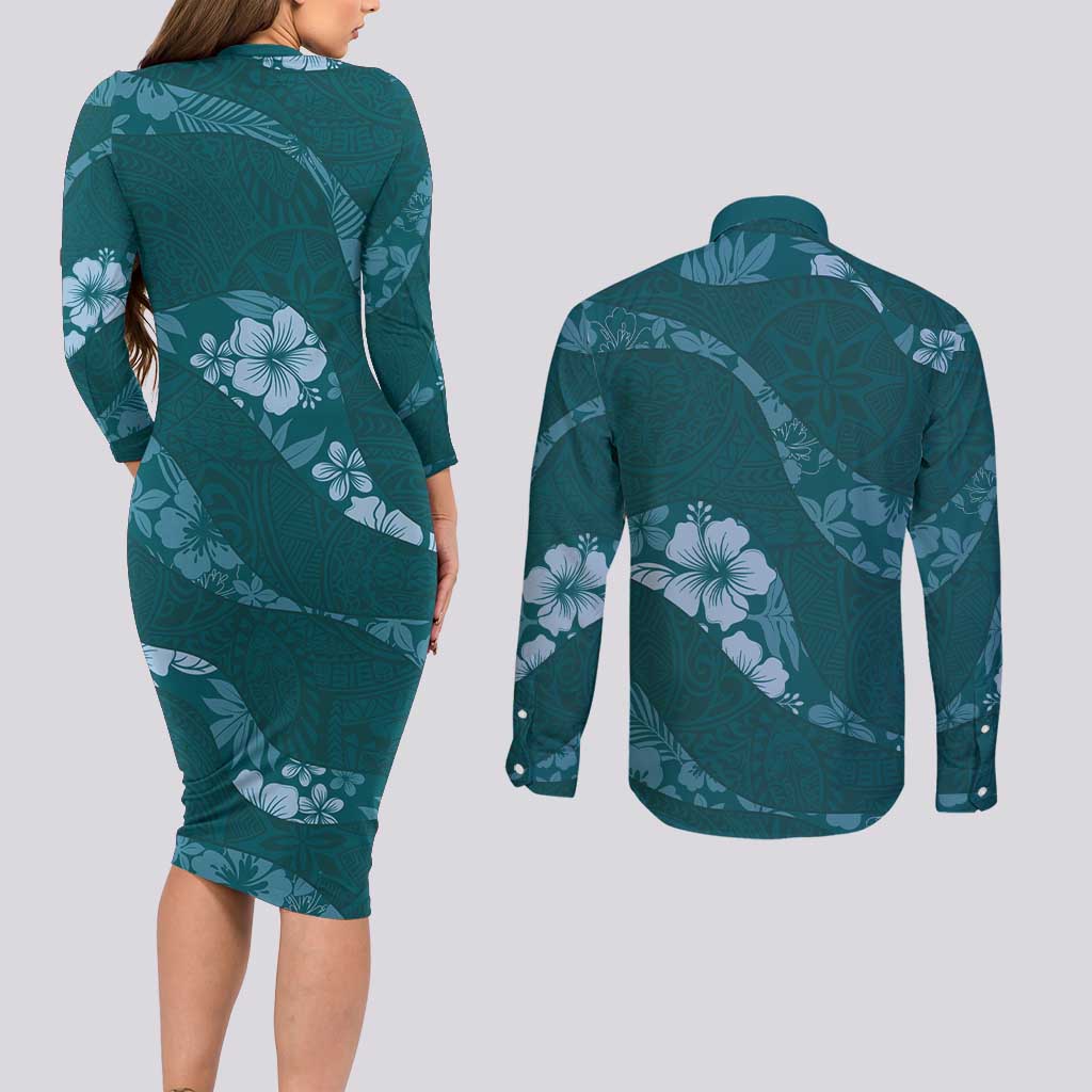 Aloha Hawaii Floral Tapa Couples Matching Long Sleeve Bodycon Dress and Long Sleeve Button Shirt Patchwork Teal - Polynesian Pride