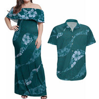 Aloha Hawaii Floral Tapa Couples Matching Off Shoulder Maxi Dress and Hawaiian Shirt Patchwork Teal - Polynesian Pride