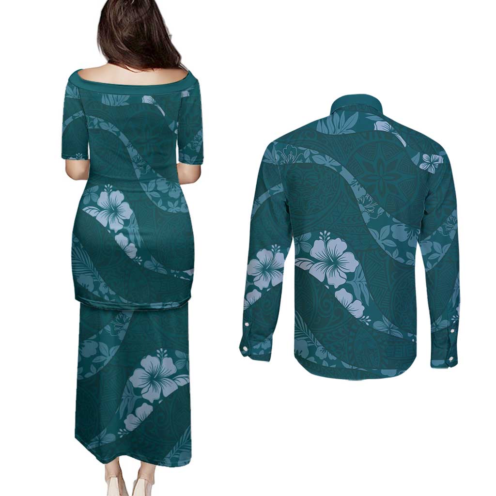 Aloha Hawaii Floral Tapa Couples Matching Puletasi and Long Sleeve Button Shirt Patchwork Teal LT7 - Polynesian Pride