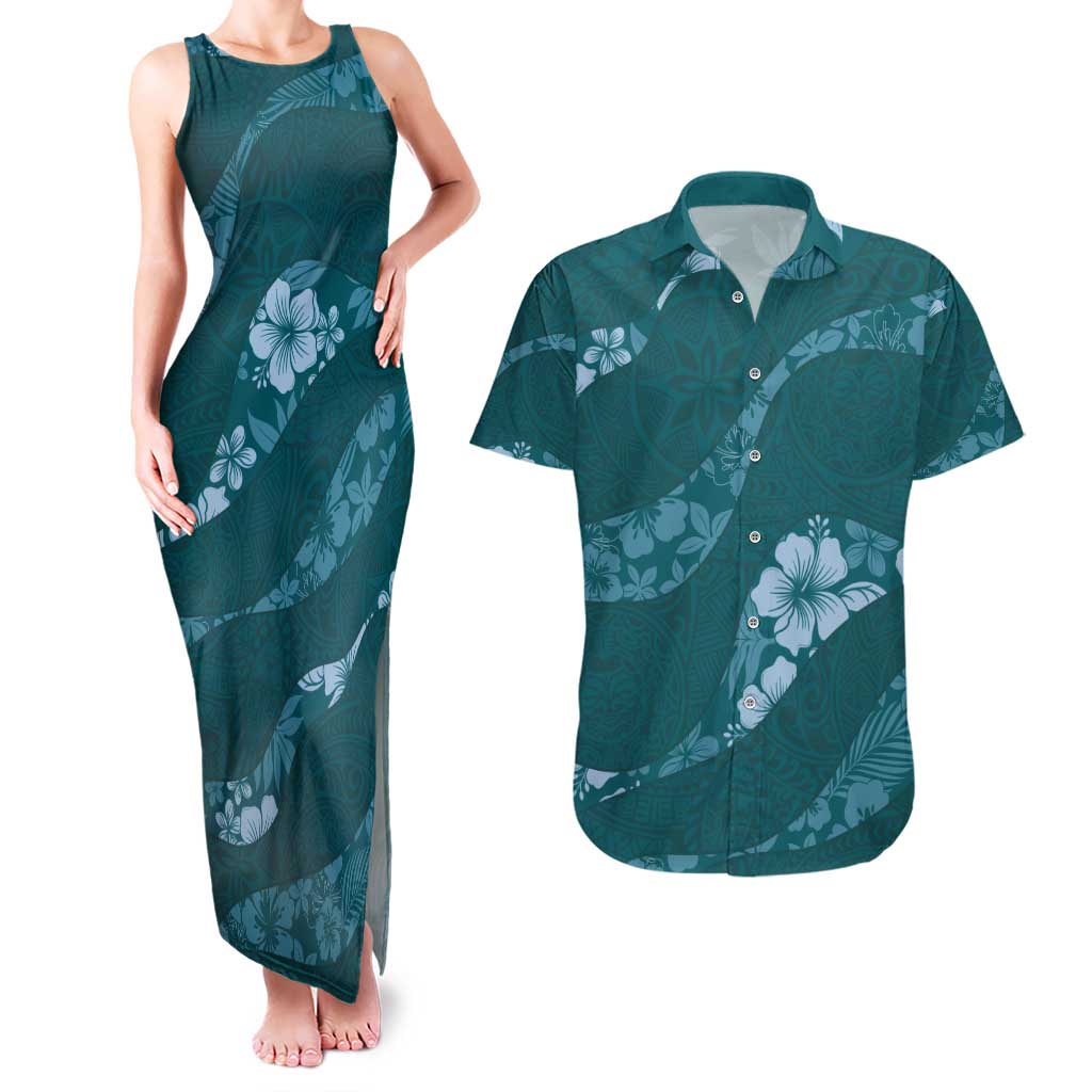 Aloha Hawaii Floral Tapa Couples Matching Tank Maxi Dress and Hawaiian Shirt Patchwork Teal - Polynesian Pride