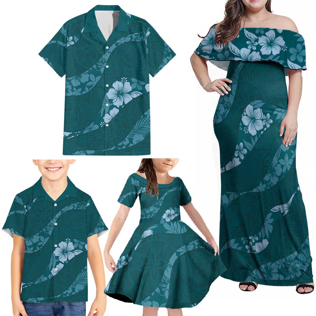 Aloha Hawaii Floral Tapa Family Matching Off Shoulder Maxi Dress and Hawaiian Shirt Patchwork Teal - Polynesian Pride