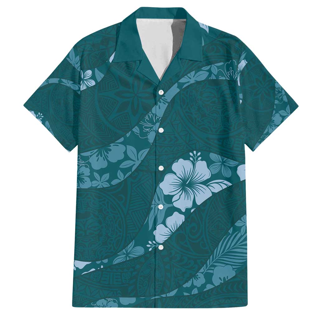 Aloha Hawaii Floral Tapa Family Matching Off Shoulder Maxi Dress and Hawaiian Shirt Patchwork Teal - Polynesian Pride