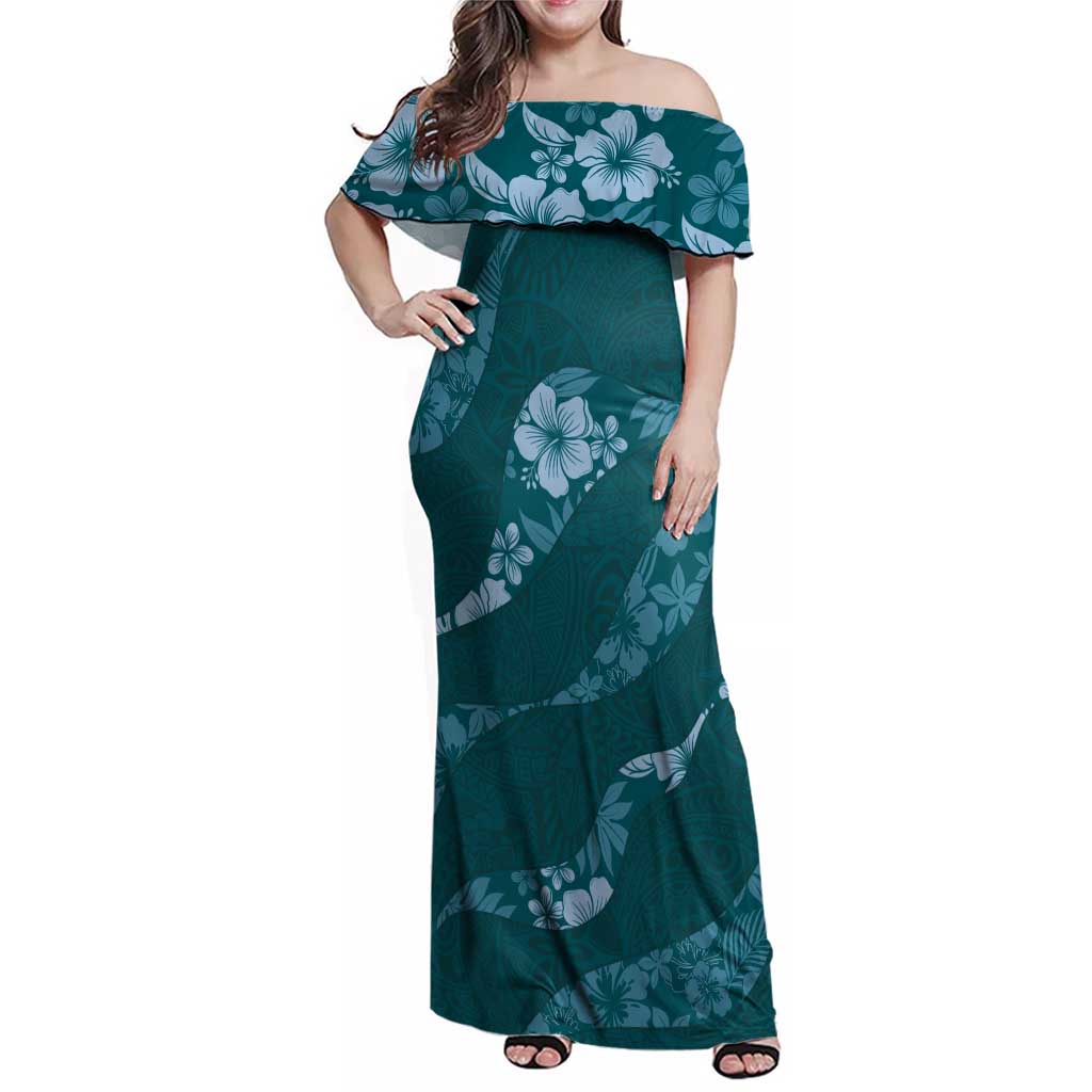 Aloha Hawaii Floral Tapa Family Matching Off Shoulder Maxi Dress and Hawaiian Shirt Patchwork Teal - Polynesian Pride