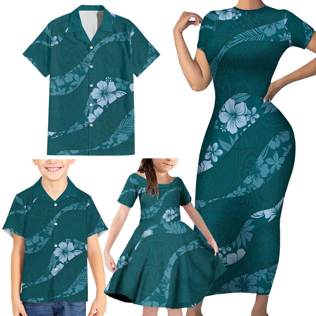 Aloha Hawaii Floral Tapa Family Matching Short Sleeve Bodycon Dress and Hawaiian Shirt Patchwork Teal - Polynesian Pride