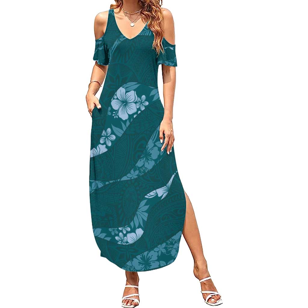 Aloha Hawaii Floral Tapa Family Matching Summer Maxi Dress and Hawaiian Shirt Patchwork Teal - Polynesian Pride