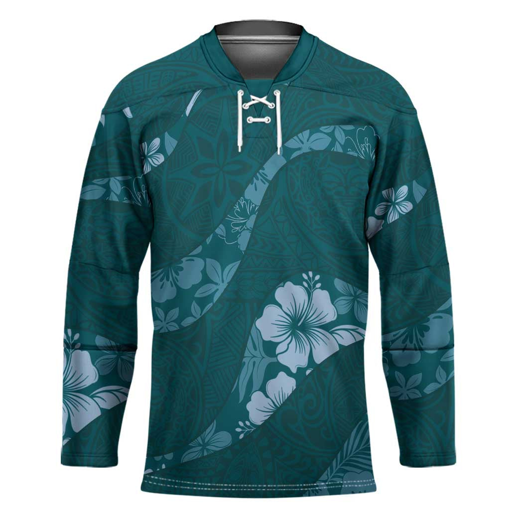 Aloha Hawaii Floral Tapa Hockey Jersey Patchwork Teal - Polynesian Pride