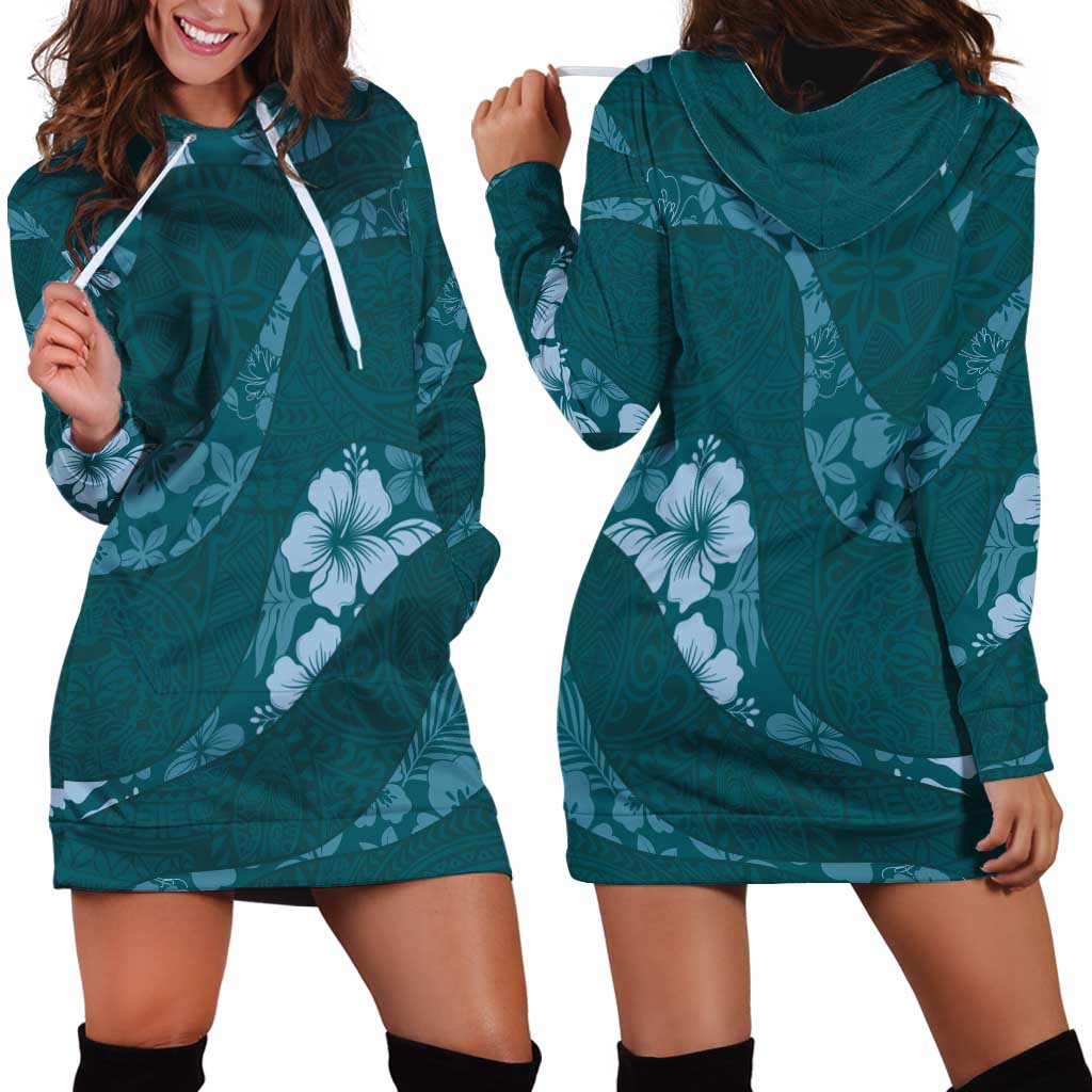 Aloha Hawaii Floral Tapa Hoodie Dress Patchwork Teal - Polynesian Pride