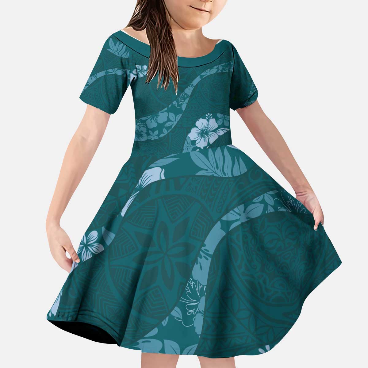 Aloha Hawaii Floral Tapa Kid Short Sleeve Dress Patchwork Teal - Polynesian Pride