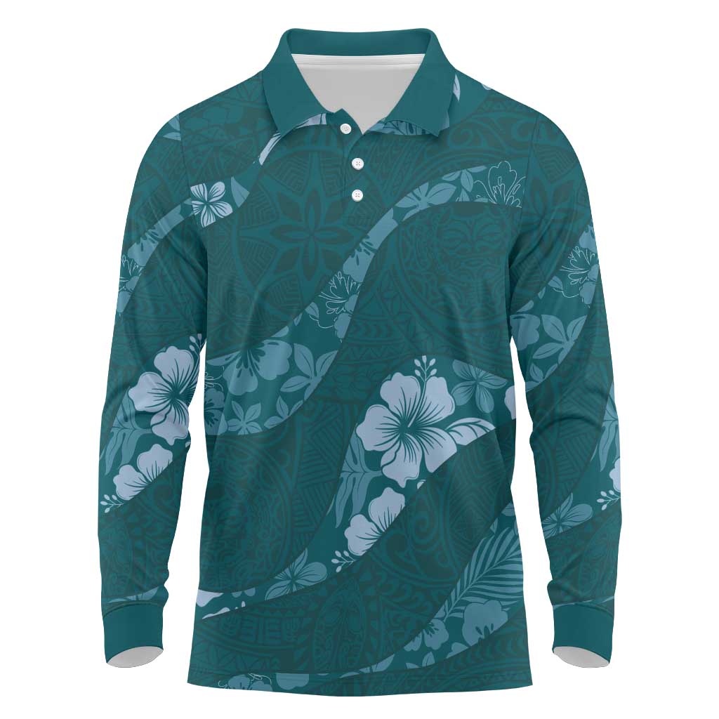 Aloha Hawaii Floral Tapa Long Sleeve Polo Shirt Patchwork Teal - Polynesian Pride
