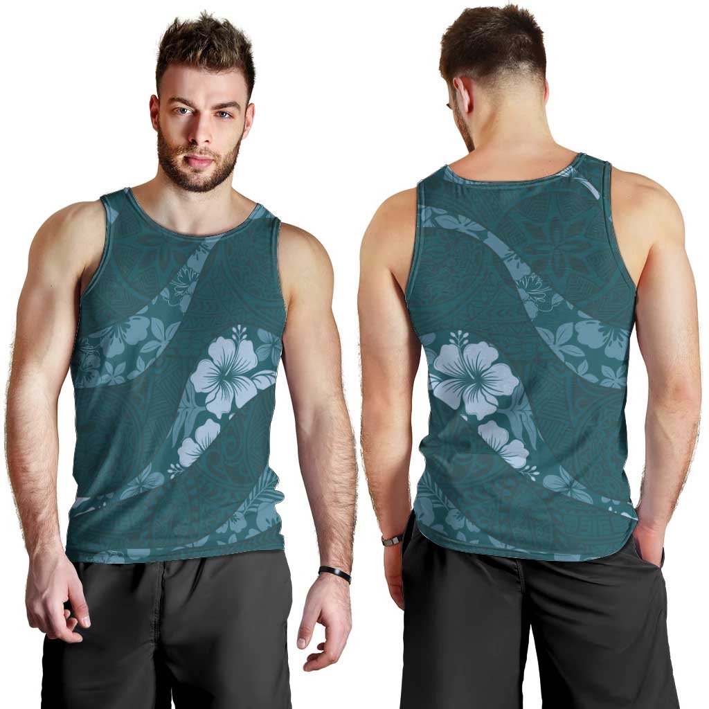 Aloha Hawaii Floral Tapa Men Tank Top Patchwork Teal - Polynesian Pride