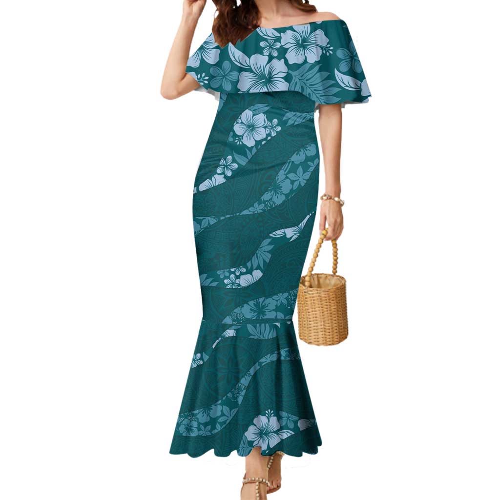 Aloha Hawaii Floral Tapa Mermaid Dress Patchwork Teal - Polynesian Pride