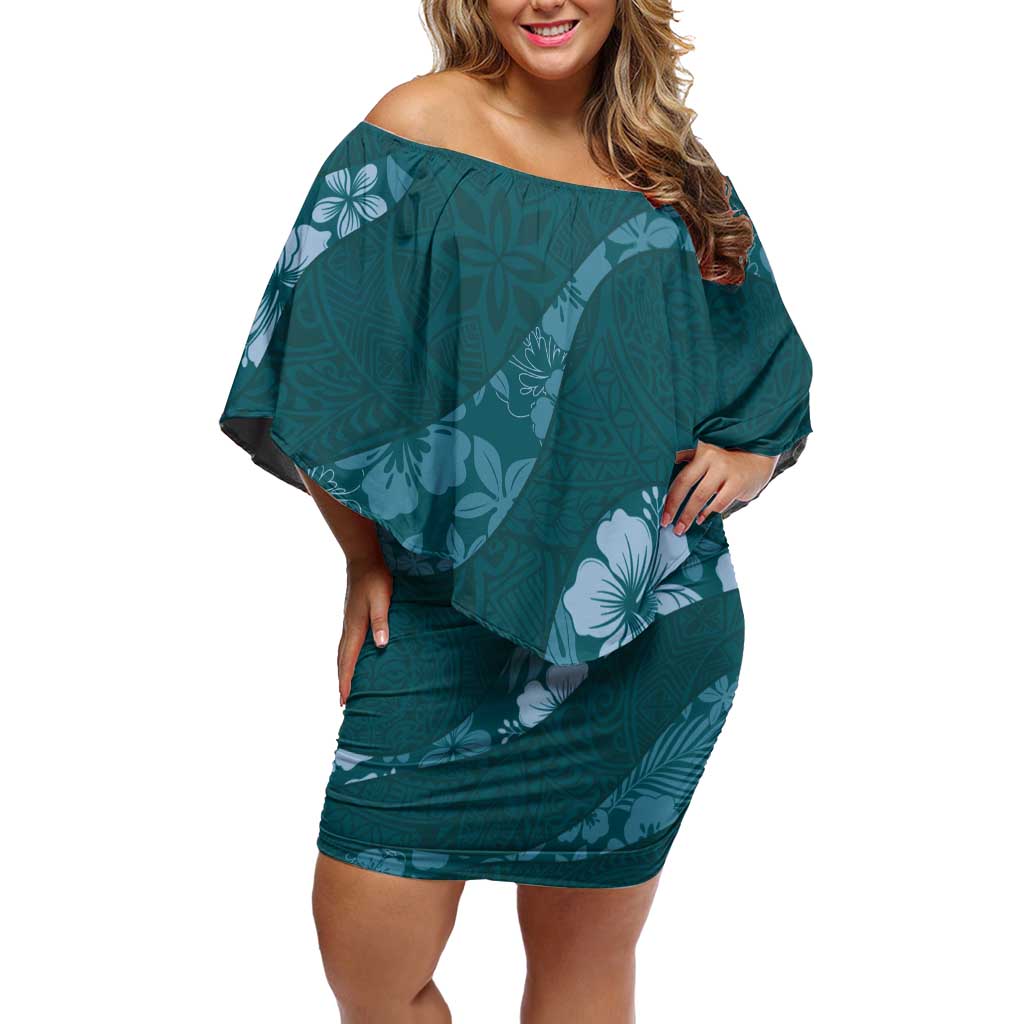Aloha Hawaii Floral Tapa Off Shoulder Short Dress Patchwork Teal - Polynesian Pride