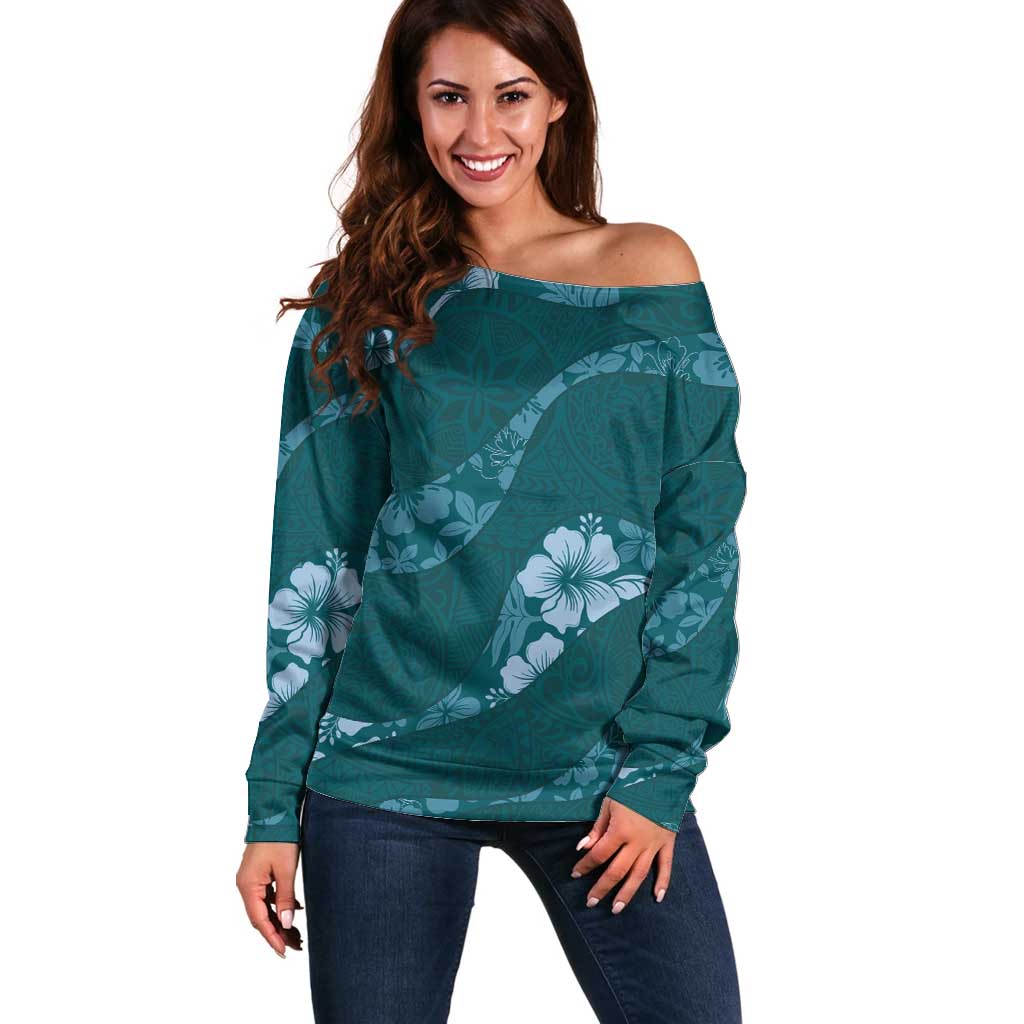 Aloha Hawaii Floral Tapa Off Shoulder Sweater Patchwork Teal - Polynesian Pride