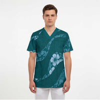 Aloha Hawaii Floral Tapa Scrub Top Patchwork Teal - Polynesian Pride